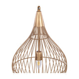 Libra Interiors Teardrop Wire Burnished Brass Pendant Light shown close-up, with open iron wire cage, tapered brass cap and E27 bulb visible inside.
