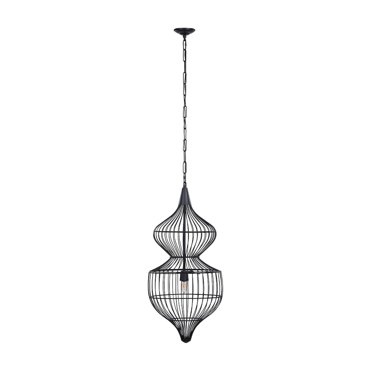 Libra Interiors Wire Cage Double Tiered Pendant Light in matt black steel, with two hourglass tiers on a chain suspension, shown on a white background.