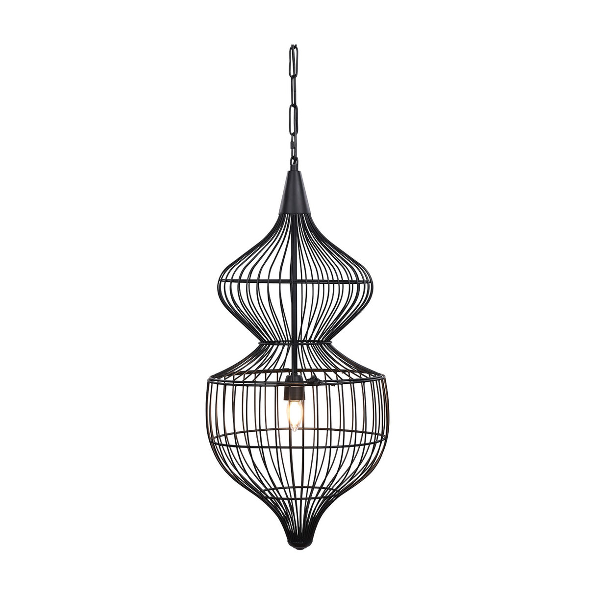Libra Interiors Wire Cage Double Tiered Pendant Light in matt black steel, with hourglass tiers and chain suspension, shown on a plain white background.