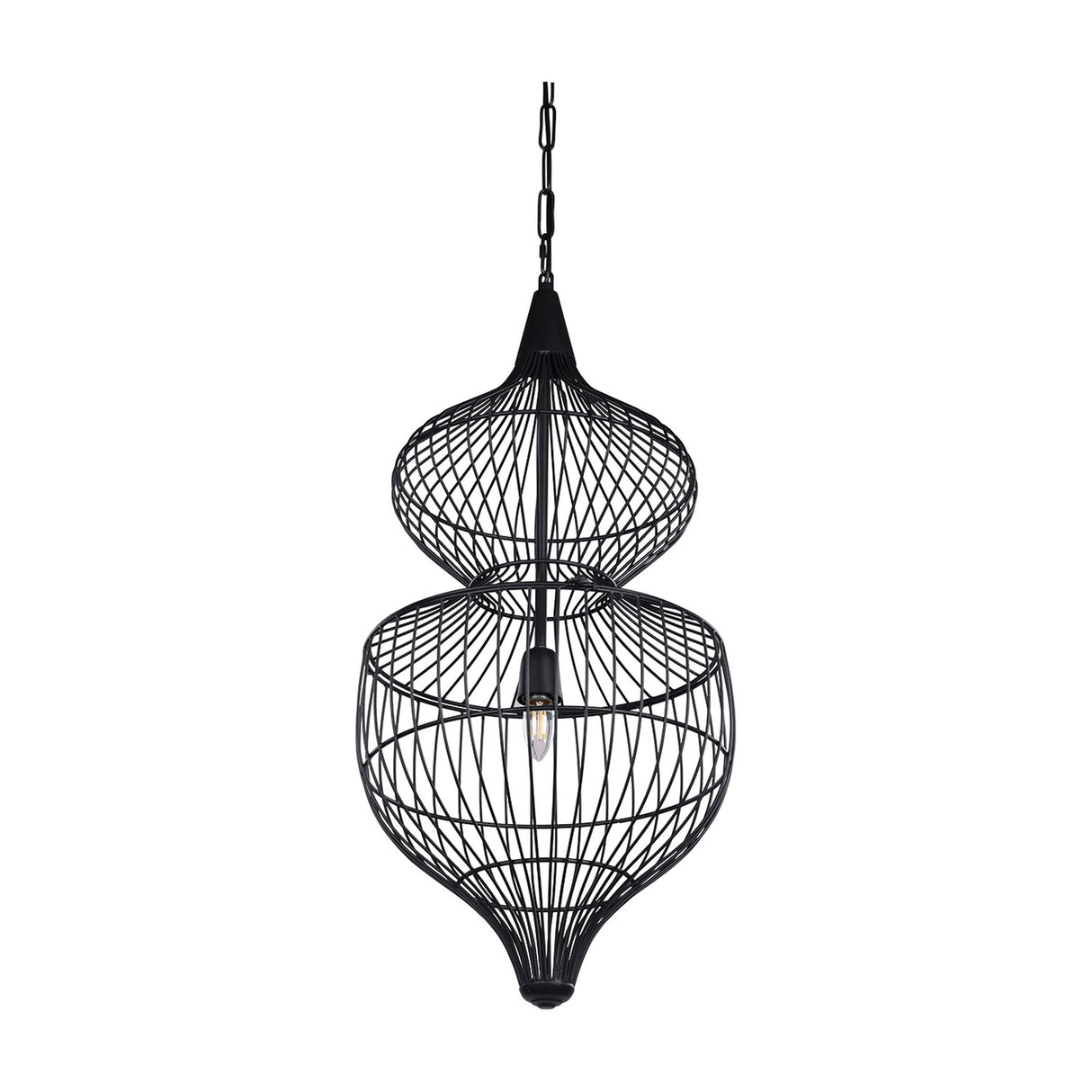 Libra Interiors Wire Cage Double Tiered Pendant Light in matt black, with two hourglass steel cages on a chain suspension, shown on a white background.
