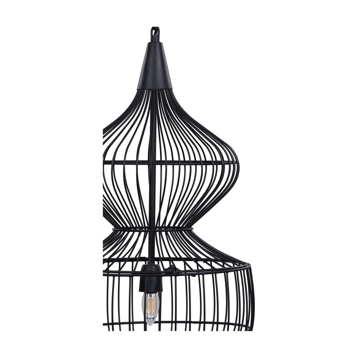 Libra Interiors Wire Cage Double Tiered Pendant Light in matt black, close view of the hourglass steel frame with E27 bulb visible at the base.