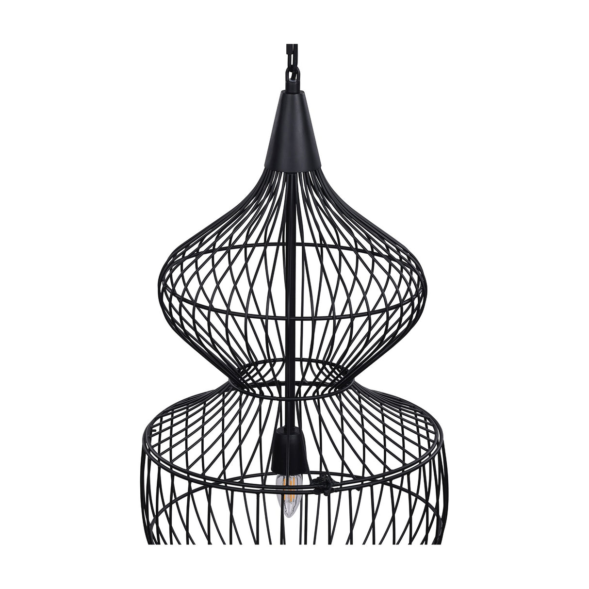 Libra Interiors Wire Cage Double Tiered Pendant Light in matt black steel, showing the hourglass-profile caged frame and E27 bulb, on a white background.