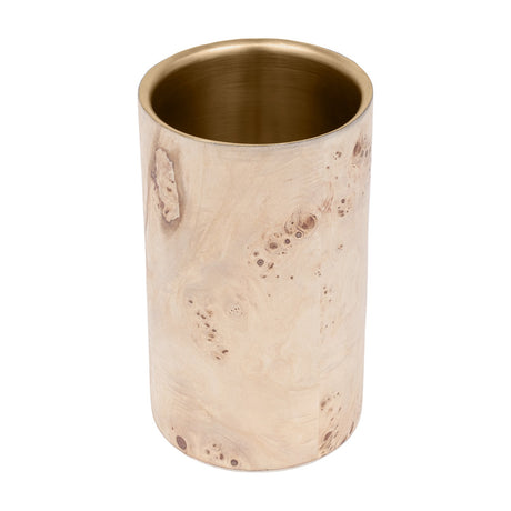 Libra Interiors Burl Veneer Brass-Lined Wine Rack, an upright cylindrical single-bottle cooler with brass-finished steel interior, on a white background.