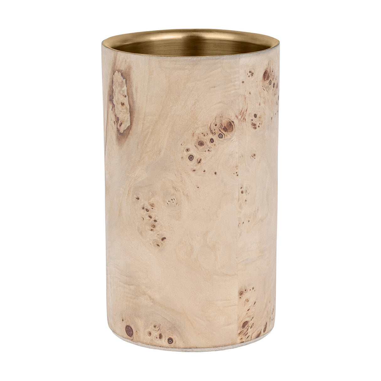 Libra Interiors Burl Veneer Brass-Lined Wine Rack in natural tones, a cylindrical single-bottle cooler with burnished brass steel interior, on white.