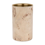 Libra Interiors Burl Veneer Brass-Lined Wine Rack in natural tones, a cylindrical single-bottle cooler with burnished brass steel interior, on white.