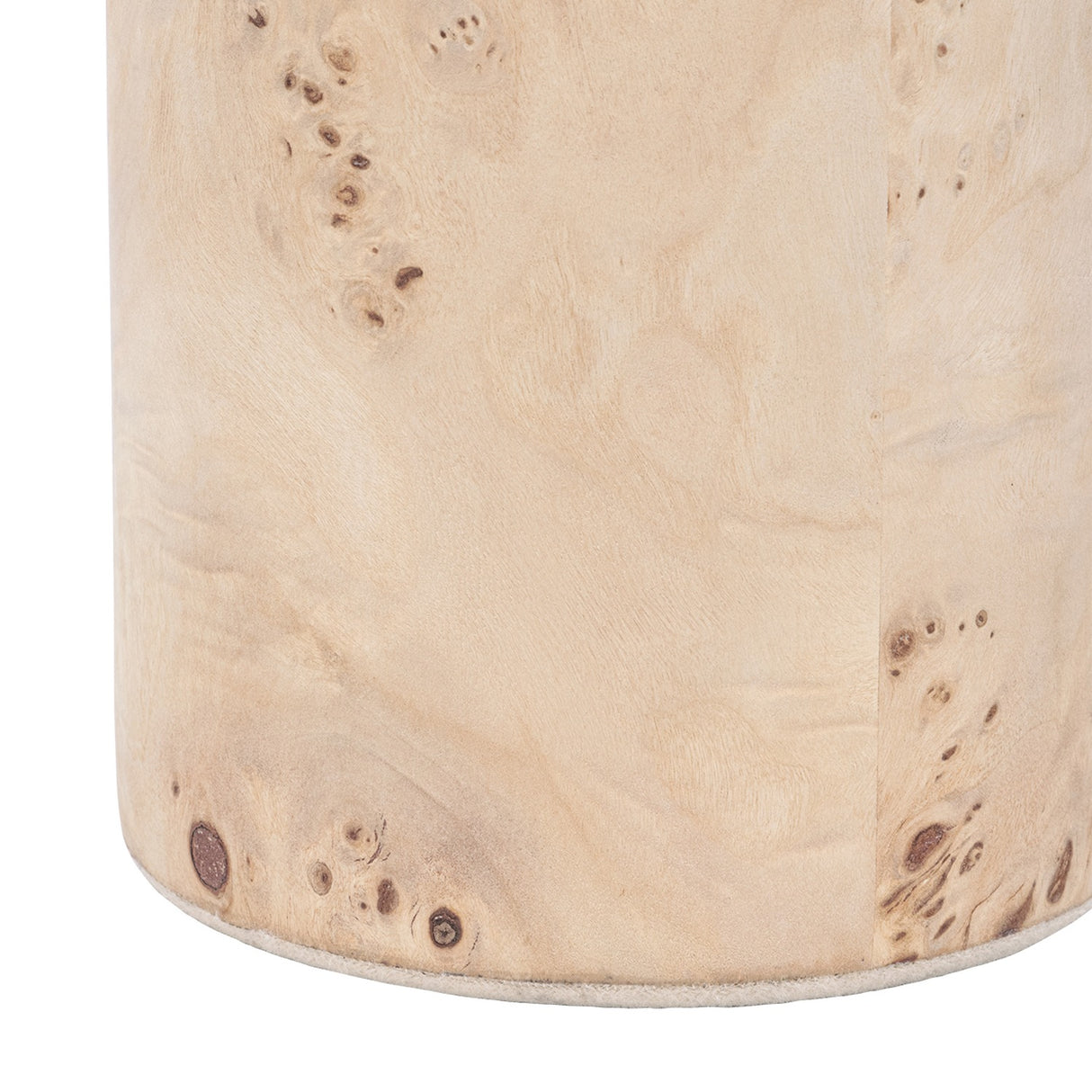Close-up of the Libra Interiors Burl Veneer Brass-Lined Wine Rack in natural, showing the pale burl wood grain and knots on its cylindrical sleeve.