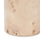 Close-up of the Libra Interiors Burl Veneer Brass-Lined Wine Rack in natural, showing the pale burl wood grain and knots on its cylindrical sleeve.