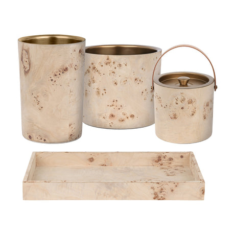 Libra Interiors Burl Veneer Brass-Lined Wine Rack set in natural burl with brass-toned interiors, lidded ice bucket with leather handle, and matching tray.