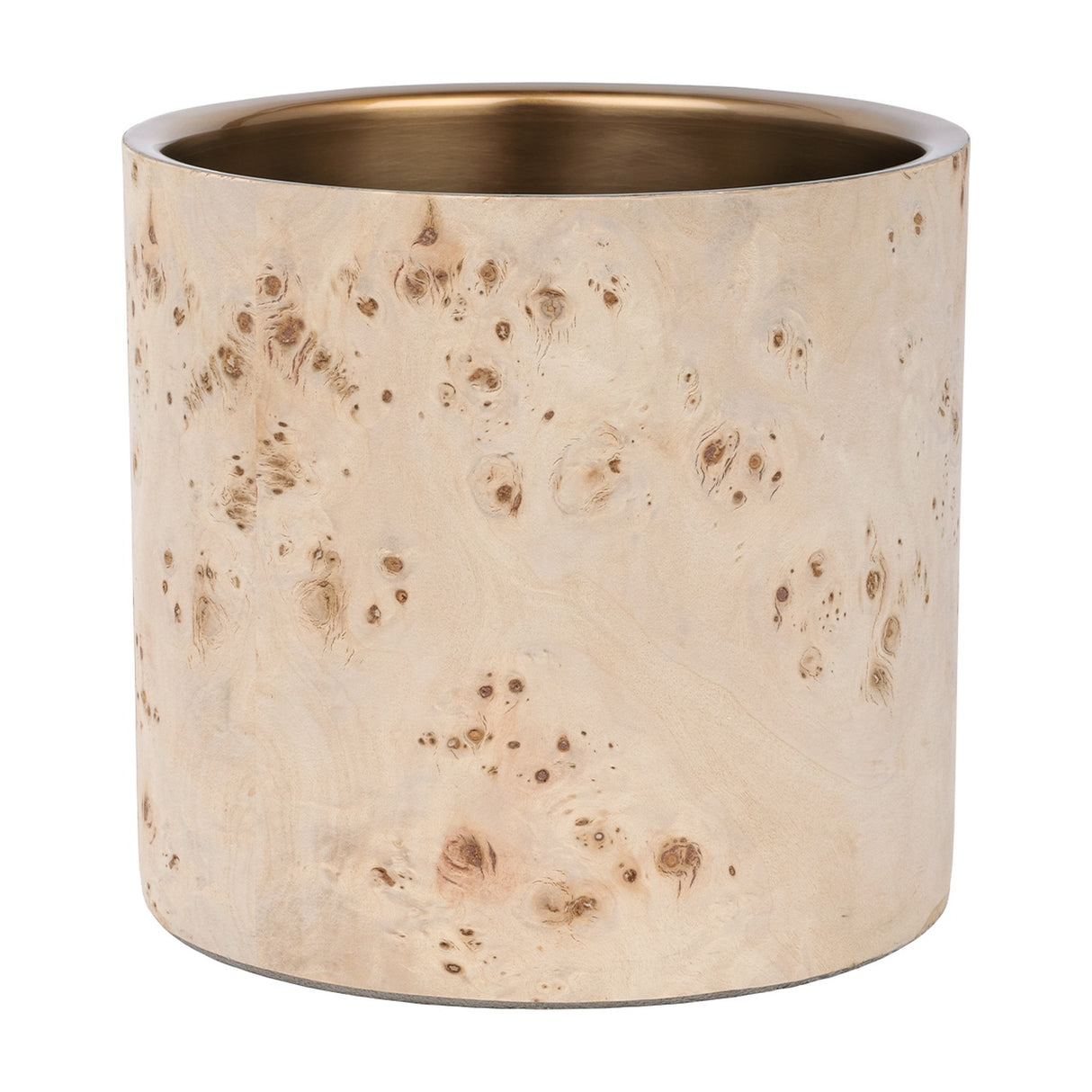 Libra Interiors Burl Veneer Brass-Lined Wine Rack in natural burl wood with a burnished brass stainless steel liner, shown on a plain white background.