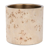 Libra Interiors Burl Veneer Brass-Lined Wine Rack in natural burl wood with a burnished brass stainless steel liner, shown on a plain white background.
