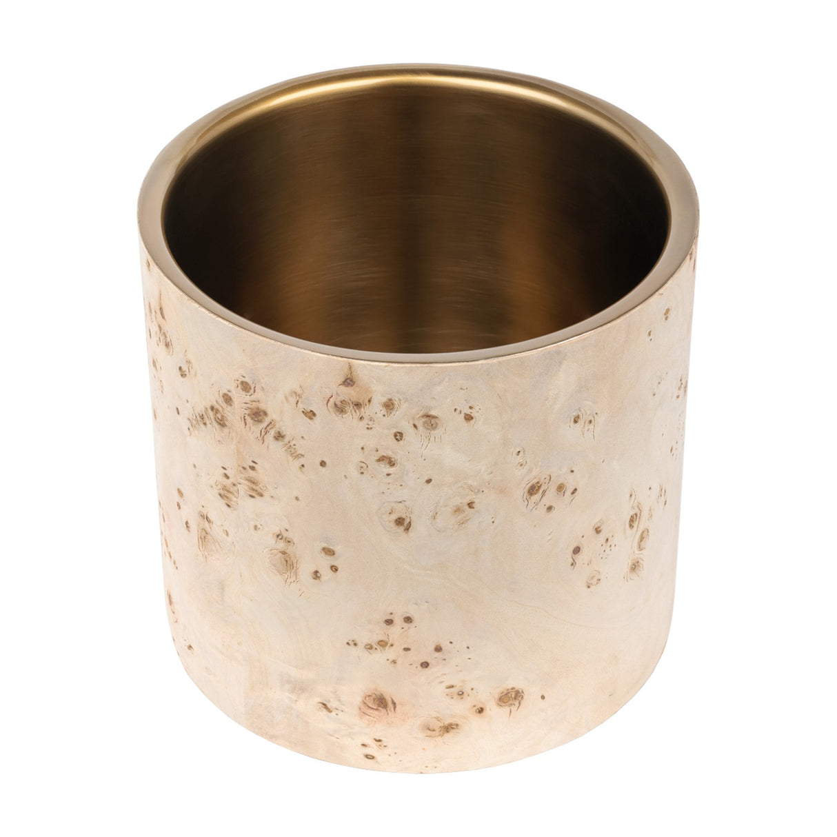 Libra Interiors Burl Veneer Brass-Lined Wine Rack in natural, a cylindrical cooler with pale burl wood exterior and burnished brass steel liner.