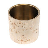 Libra Interiors Burl Veneer Brass-Lined Wine Rack in natural, a cylindrical cooler with pale burl wood exterior and burnished brass steel liner.