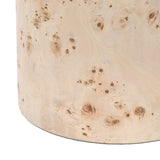 Close-up of the burl veneer sleeve on the Libra Interiors Burl Veneer Brass-Lined Wine Rack, showing natural knots, swirls and pale sandy tones.