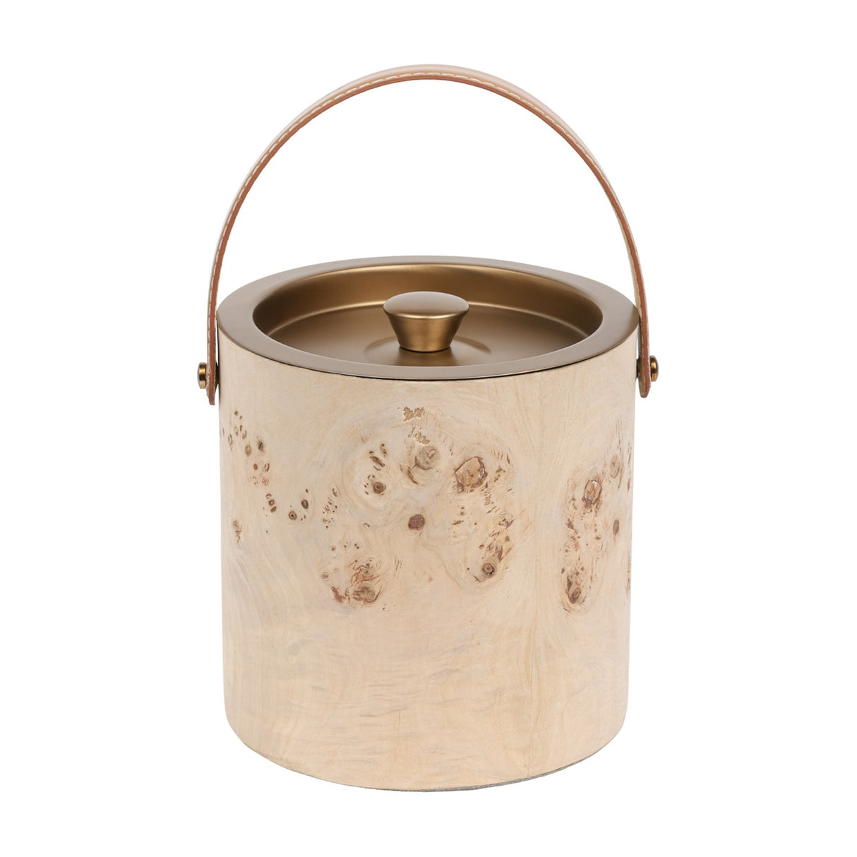 Libra Interiors burlwood veneer ice bucket with burnished brass lid, knob and tan leather arched handle, shown on a plain white background.