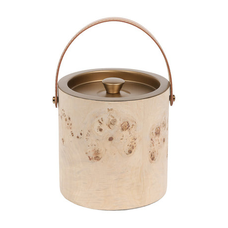 Libra Interiors burlwood veneer ice bucket with burnished brass lid, knob and tan leather arched handle, shown on a plain white background.