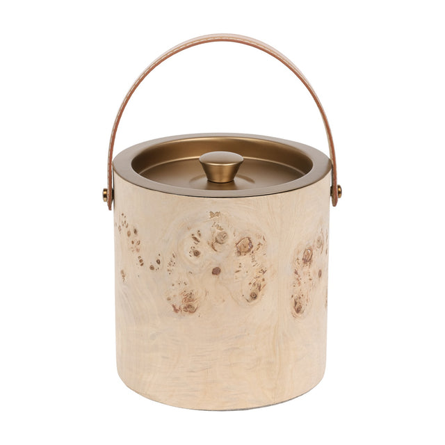 Libra Interiors burlwood veneer ice bucket with burnished brass lid, knob and tan leather arched handle, shown on a plain white background.