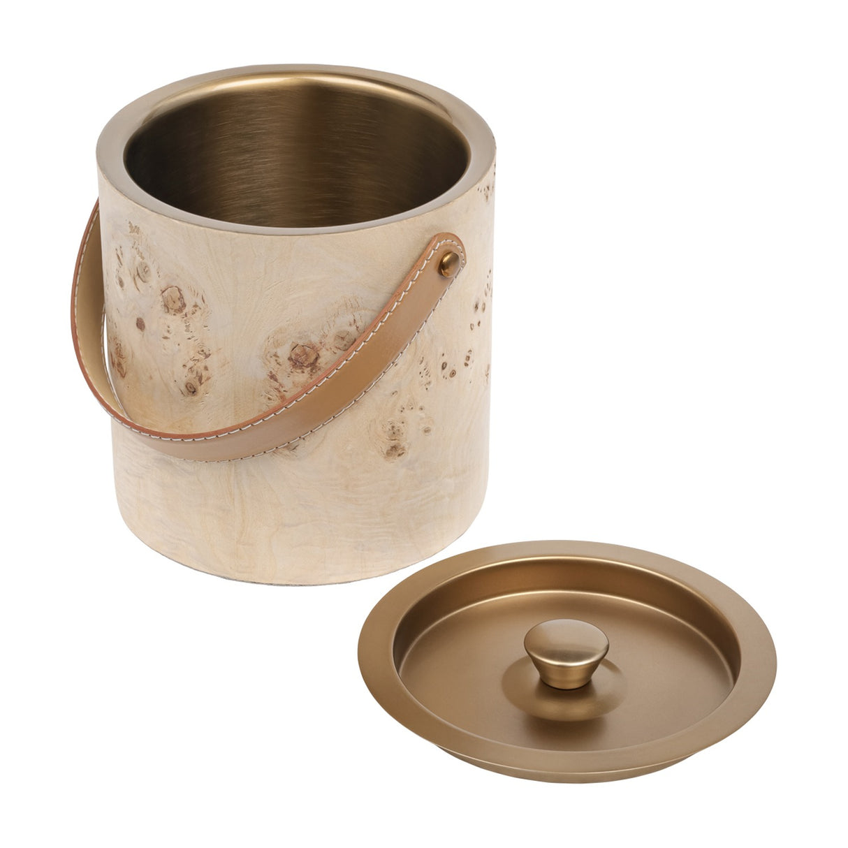 Libra Interiors burlwood veneer ice bucket with stainless steel liner, tan leather handle on brass fixings, and burnished brass lid set beside.