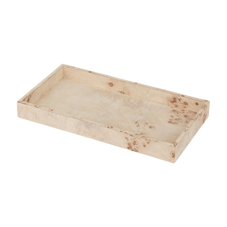 Libra Interiors Burlwood rectangular wooden serving tray in natural finish, showing figured grain and knots with a low raised edge on a white background.