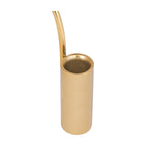 Close-up of the Libra Interiors Arch Gold Taper Candle Holder showing the polished cylindrical cup and curved arch in welded iron on a white background.