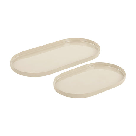 Libra Interiors Oval Gloss Enamel Serving Trays in cream, shown as two iron trays with low raised edges on a plain white background.
