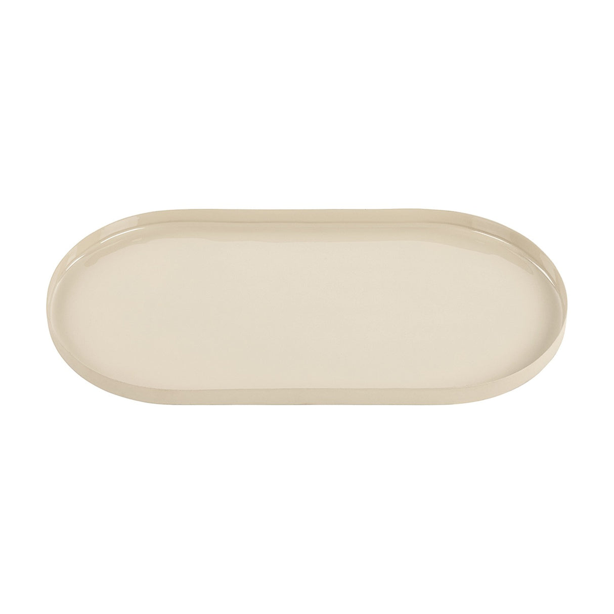 Libra Interiors Oval Gloss Enamel Serving Tray in cream, an iron tray with a smooth glossy finish and low raised edge, shown on a white background.