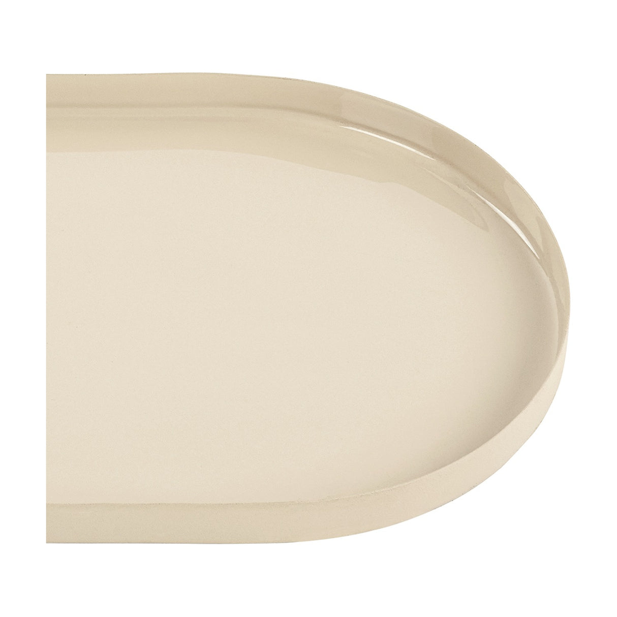 Libra Interiors Oval Gloss Enamel Serving Tray in cream, close-up of the rounded end showing the smooth iron surface and low raised edge.