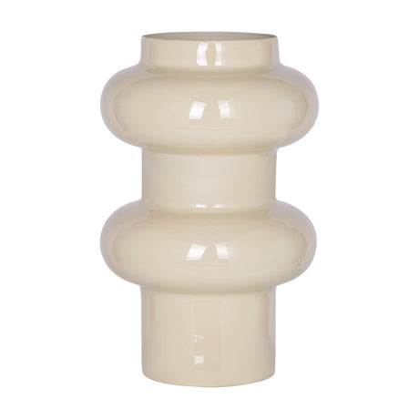 Libra Interiors Tiered Enamel Iron Vase in cream with stacked rounded tiers and a narrow cylindrical base, glossy finish, on a plain white background.