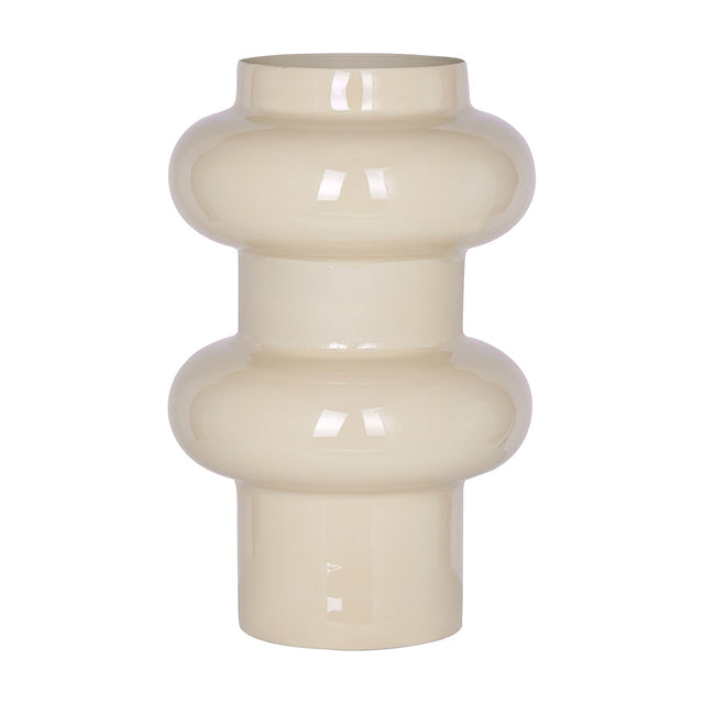 Libra Interiors Tiered Enamel Iron Vase in cream with stacked rounded tiers and a narrow cylindrical base, glossy finish, on a plain white background.