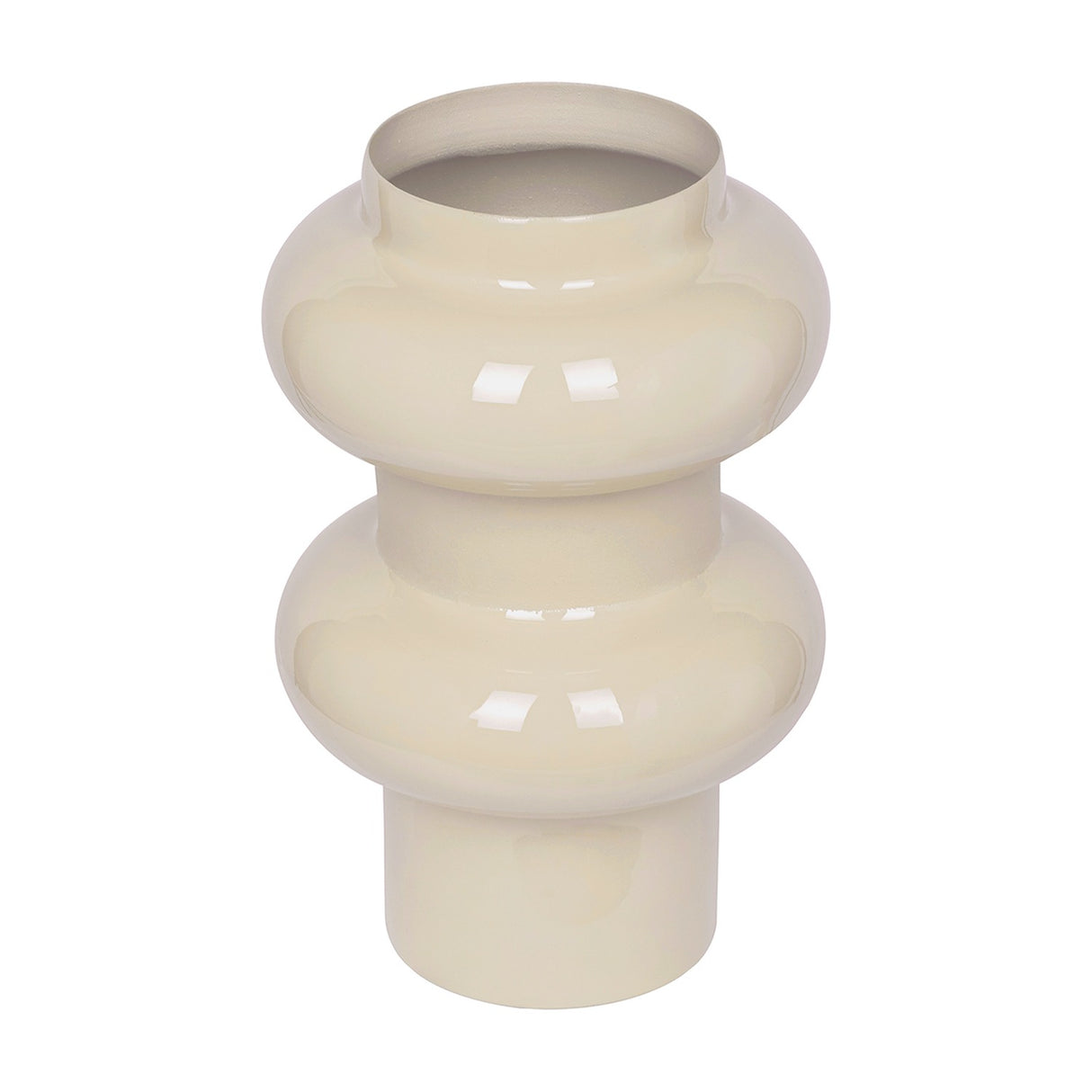 Libra Interiors Tiered Enamel Iron Vase in cream, showing stacked rounded tiers with a glossy finish and narrow base, on a plain white background.