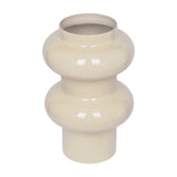 Libra Interiors Tiered Enamel Iron Vase in cream, showing stacked rounded tiers with a glossy finish and narrow base, on a plain white background.
