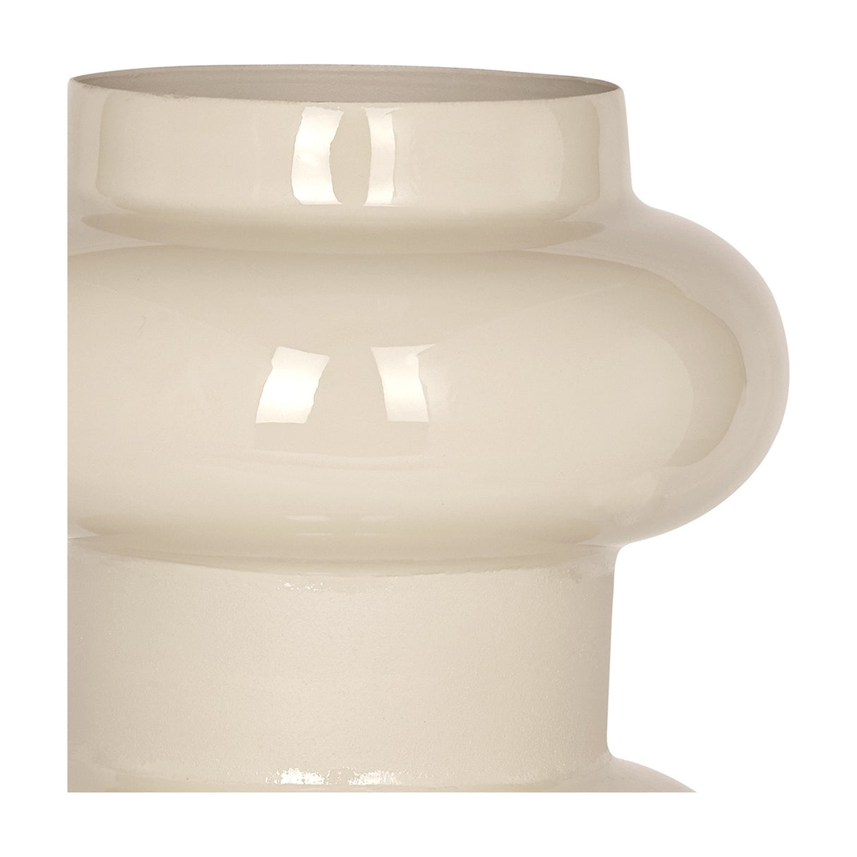 Close-up of Libra Interiors Tiered Enamel Iron Vase in cream, showing the rounded tiered silhouette and glossy enamel finish against a white background.