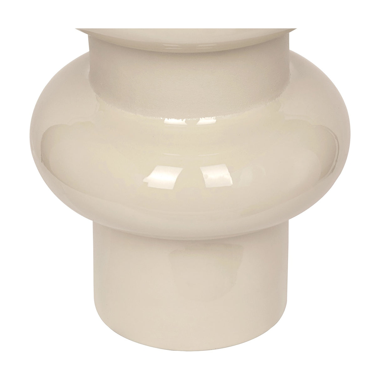 Libra Interiors Tiered Enamel Iron Vase in cream, close-up of the rounded pillowed tiers and cylindrical base with glossy enamel finish on a white background.