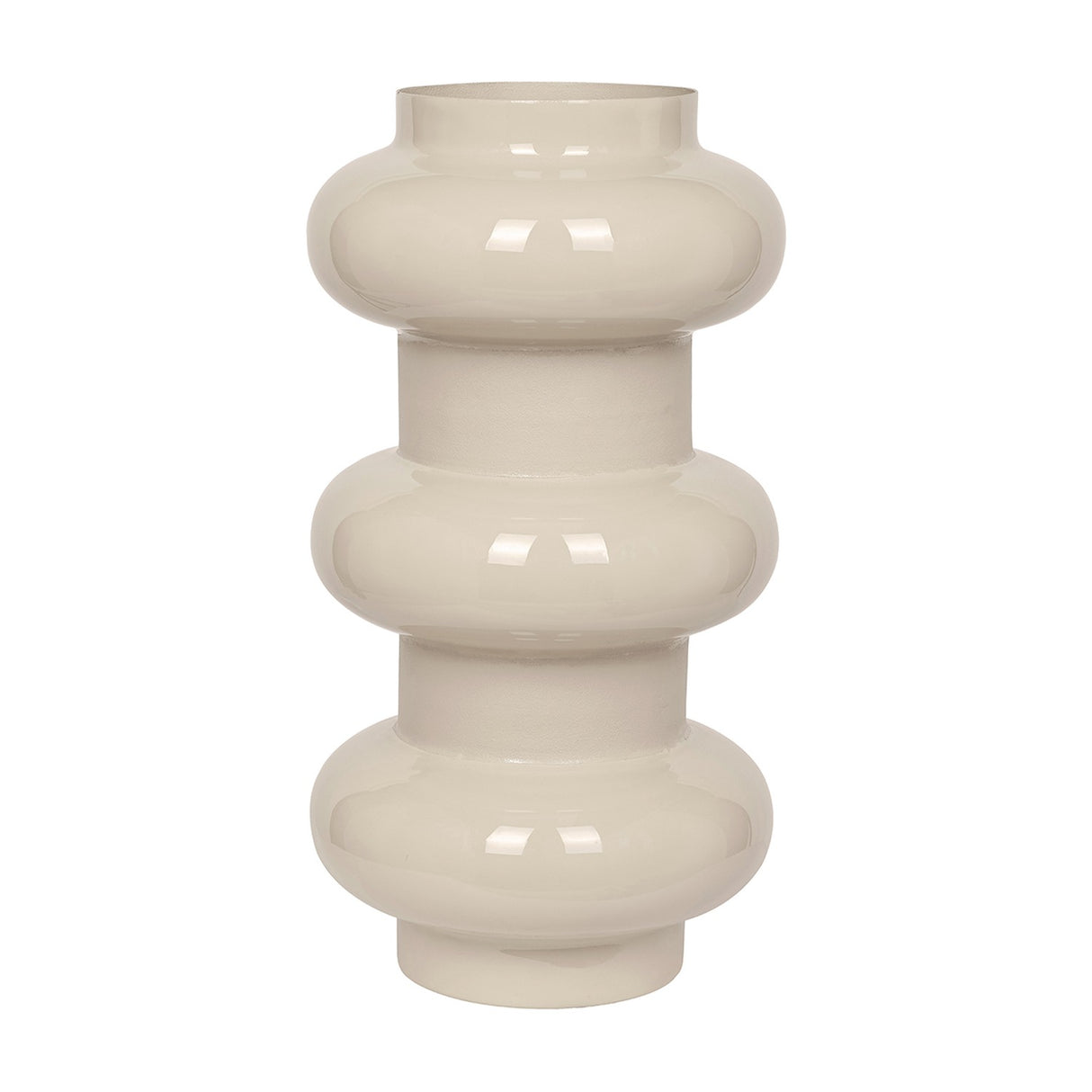 Libra Interiors Tiered Enamel Iron Vase in cream, with a stacked rounded silhouette and glossy finish, shown on a plain white background.