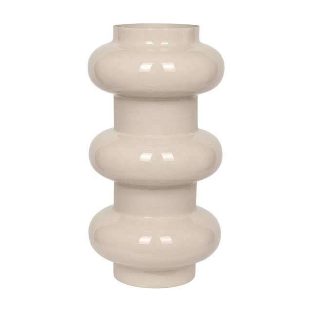 Libra Interiors Tiered Enamel Iron Vase in cream, with a stacked rounded silhouette and glossy finish, shown on a plain white background.