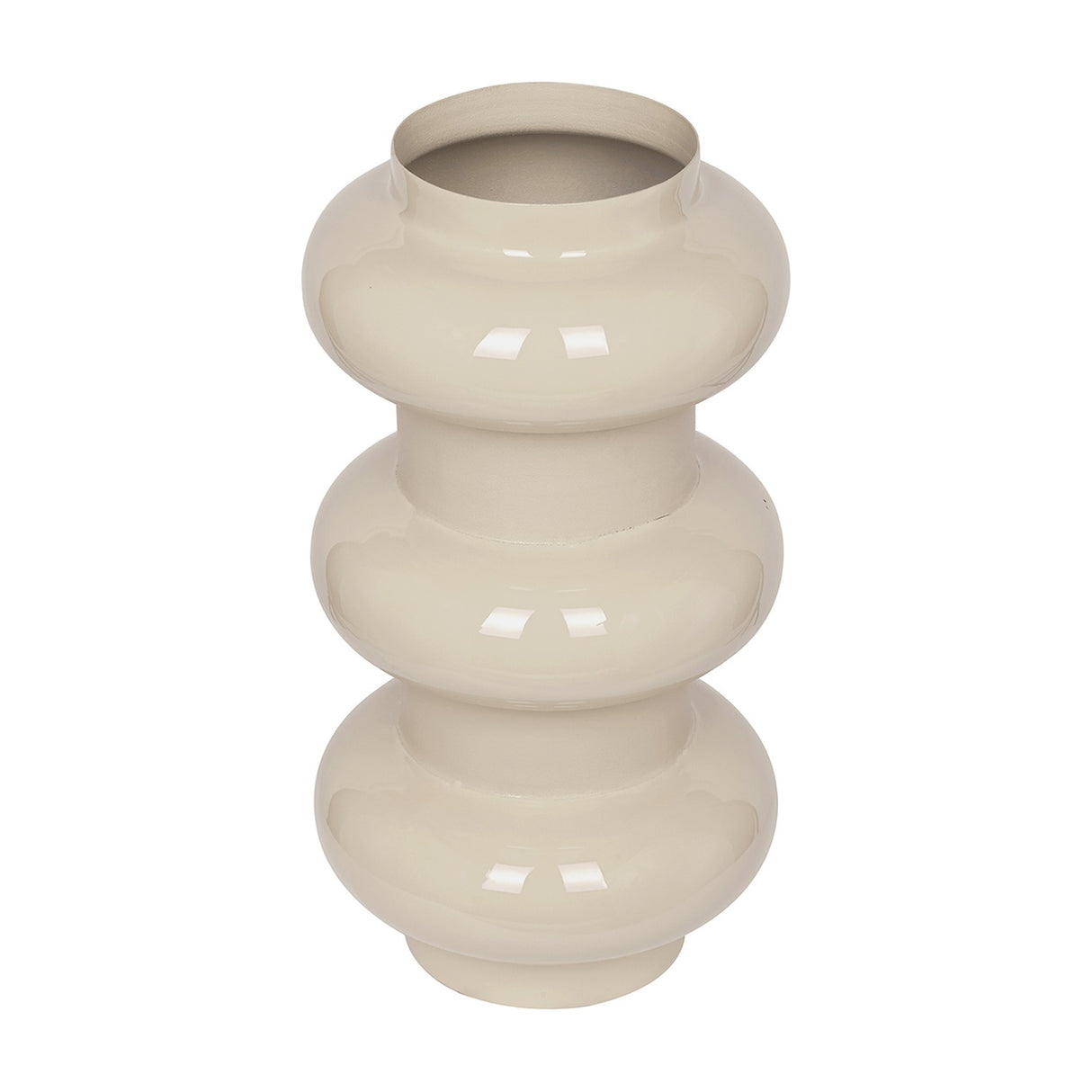 Libra Interiors Tiered Enamel Iron Vase in cream with three stacked rounded forms and a glossy finish, shown on a plain white background.