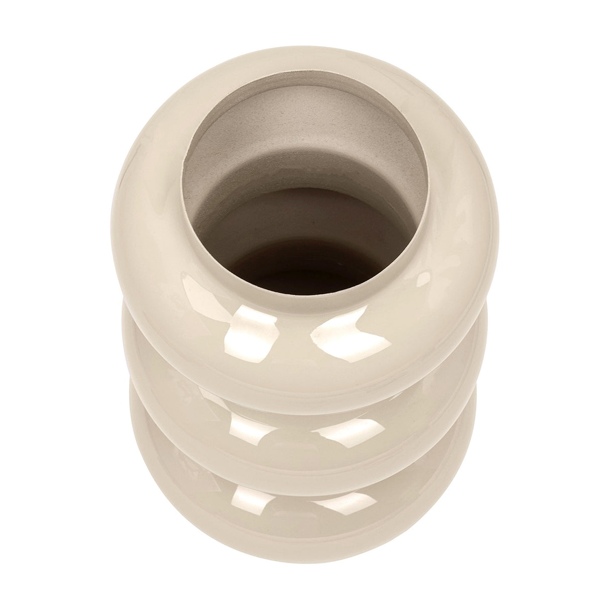 Top-down view of the Libra Interiors Tiered Enamel Iron Vase in cream, showing its stacked rounded form and narrow opening on a white background.