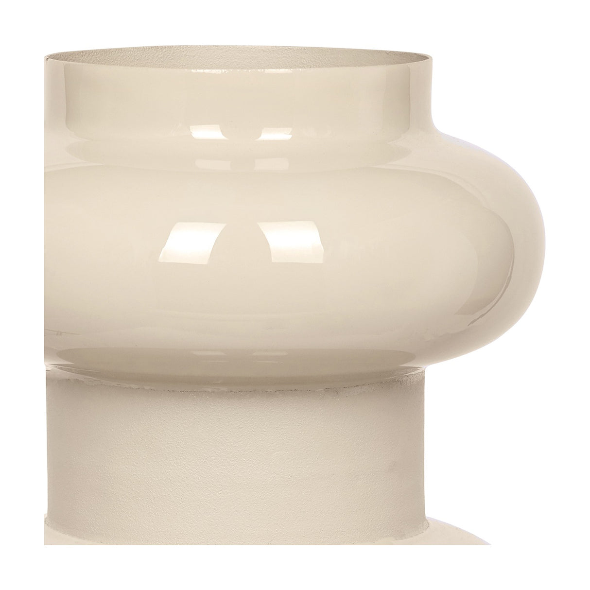 Close-up of Libra Interiors Tiered Enamel Iron Vase in cream, showing the rounded upper tier and stacked base with glossy enamel finish.