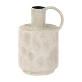 Libra Interiors Textured Cross-Hatch Handle Vase in cream with a barrel-shaped body, tall neck and loop handle, shown on a plain white background.