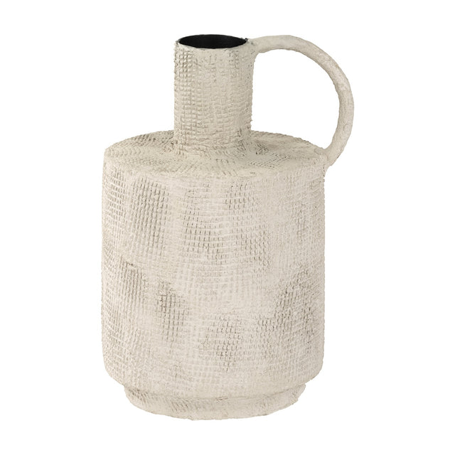 Libra Interiors Textured Cross-Hatch Handle Vase in cream with a barrel-shaped body, tall neck and loop handle, shown on a plain white background.