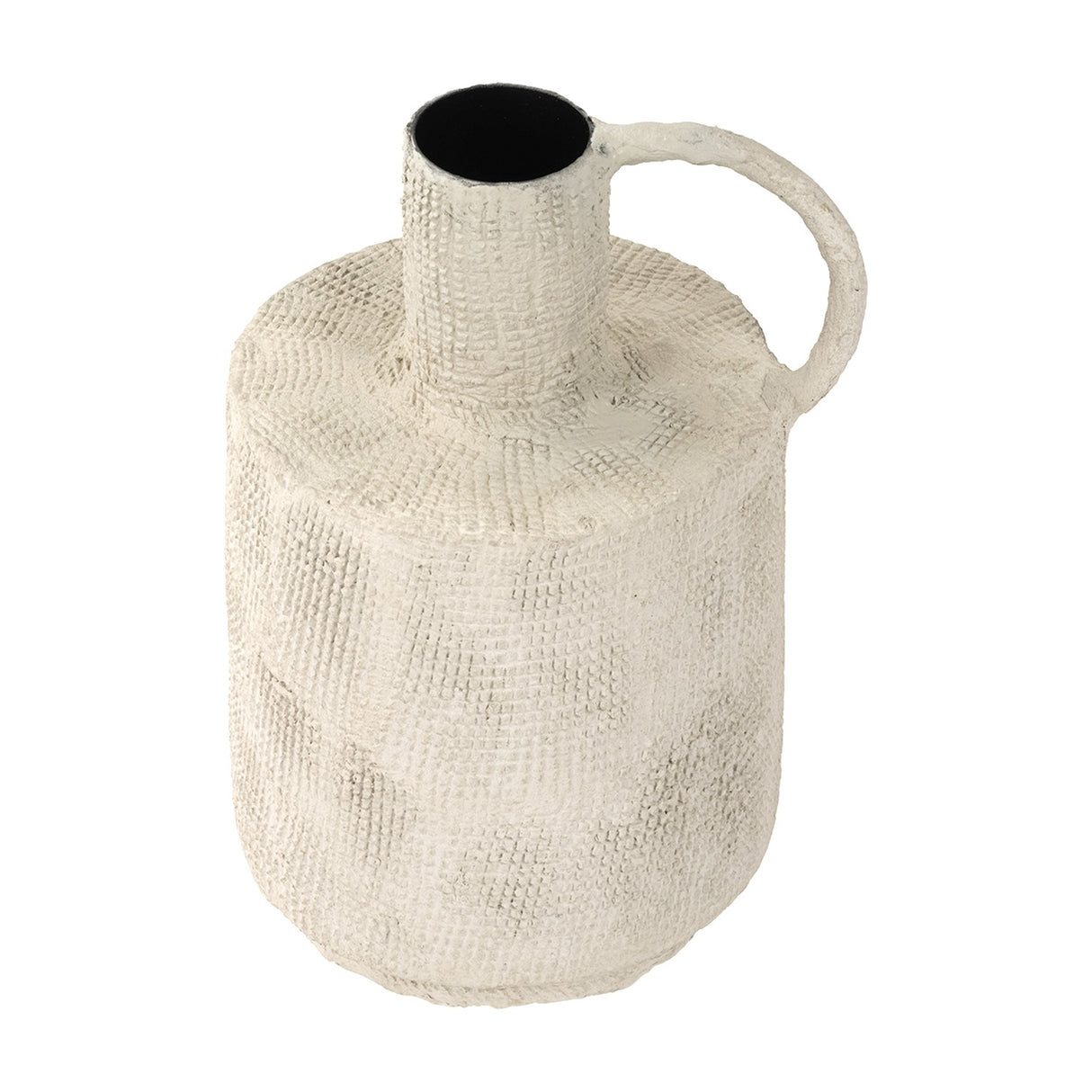 Libra Interiors Textured Cross-Hatch Handle Vase in cream with barrel body, tall neck and loop handle, shown from above on a white background.