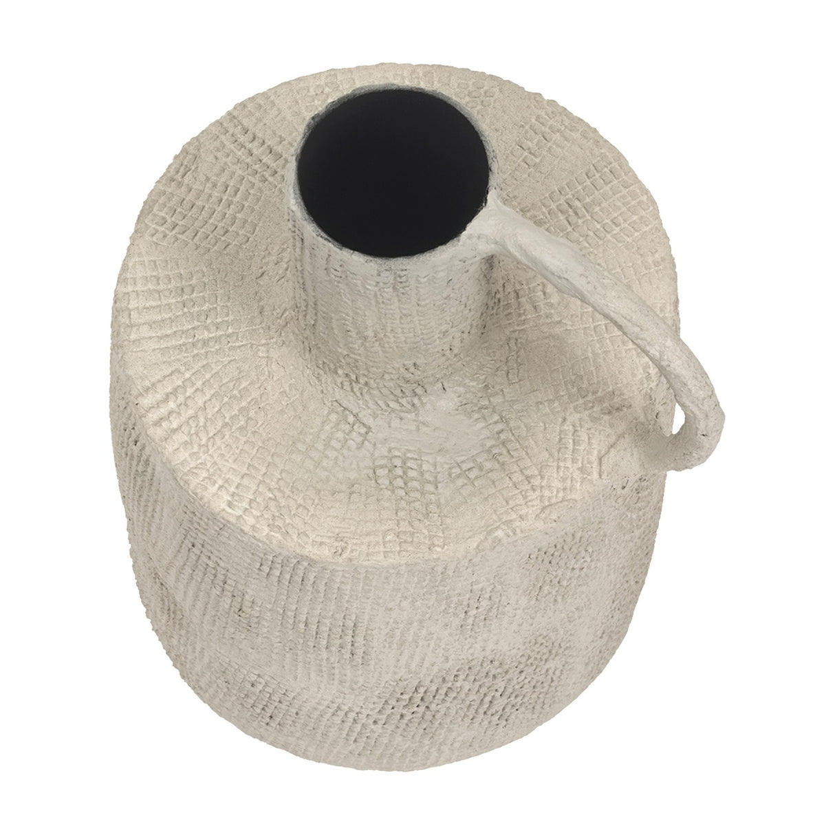 Top-down view of the Libra Interiors Textured Cross-Hatch Handle Vase in cream, showing the round opening, side loop handle and woven clay-look surface.
