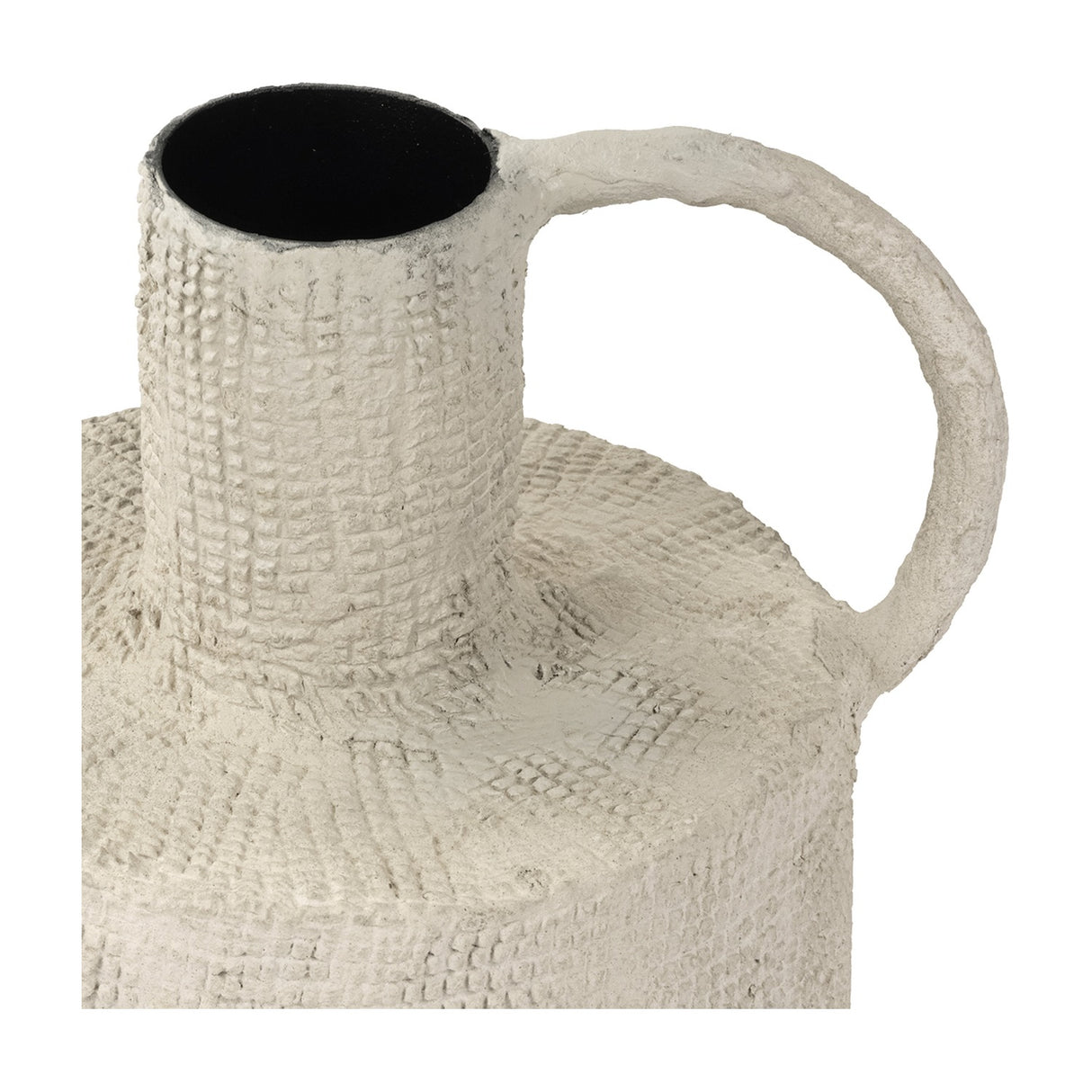 Close-up of Libra Interiors Textured Cross-Hatch Handle Vase in cream, showing the tall neck, loop handle and woven clay-look papier-mâché surface.