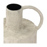 Close-up of Libra Interiors Textured Cross-Hatch Handle Vase in cream, showing the tall neck, loop handle and woven clay-look papier-mâché surface.