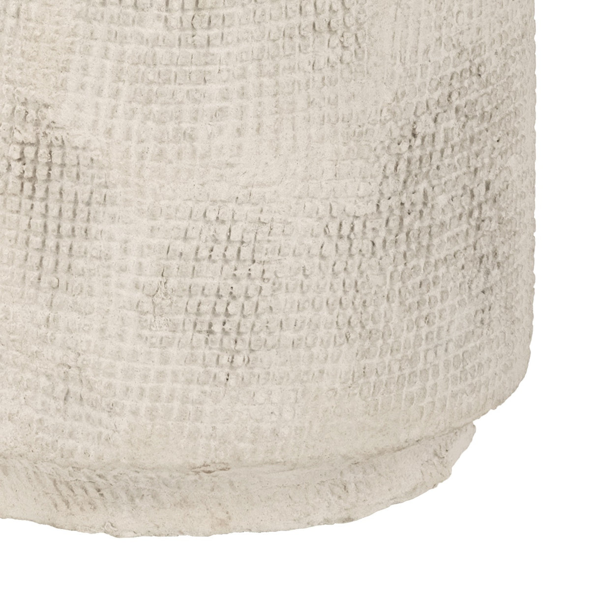 Close-up of the Libra Interiors Textured Cross-Hatch Handle Vase in cream, showing the rounded base and woven clay-look papier-mâché surface.