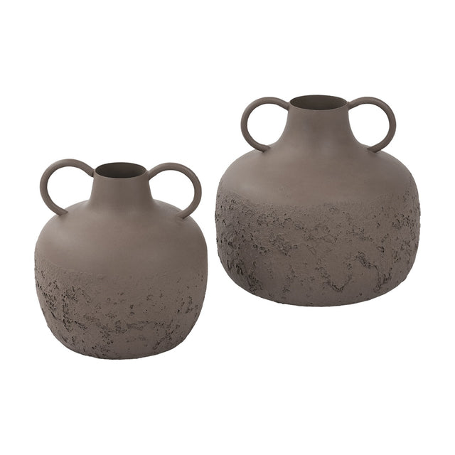 Libra Interiors Textured Two-Tone Iron Handled Vases in brown, shown in two sizes with smooth matt necks, looped handles and rough textured bases.