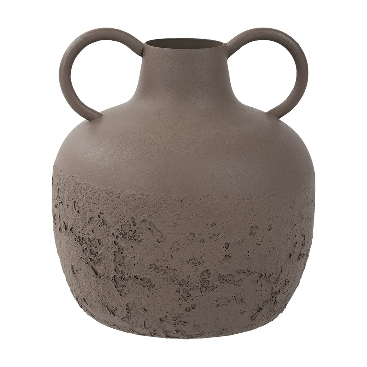 Libra Interiors Textured Two-Tone Iron Handled Vase in brown, with a rounded body, smooth matt neck, rough textured base and two looped handles.