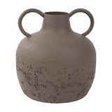 Libra Interiors Textured Two-Tone Iron Handled Vase in brown, with a rounded body, smooth matt neck, rough textured base and two looped handles.