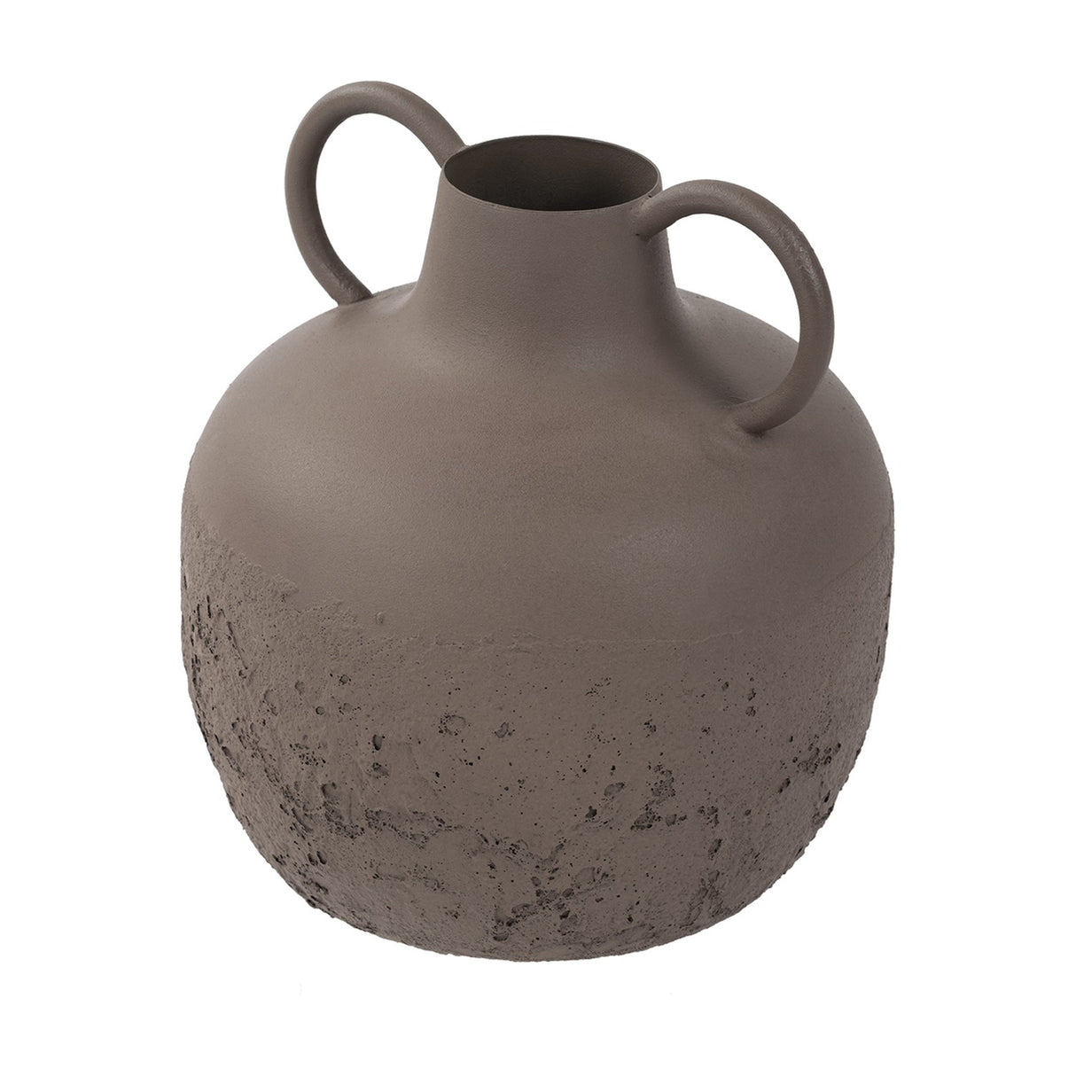 Libra Interiors Textured Two-Tone Iron Handled Vase in brown, with a rounded body, smooth matt neck, textured base and two looped handles, on white.