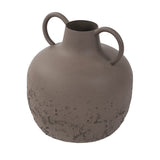 Libra Interiors Textured Two-Tone Iron Handled Vase in brown, with a rounded body, smooth matt neck, textured base and two looped handles, on white.