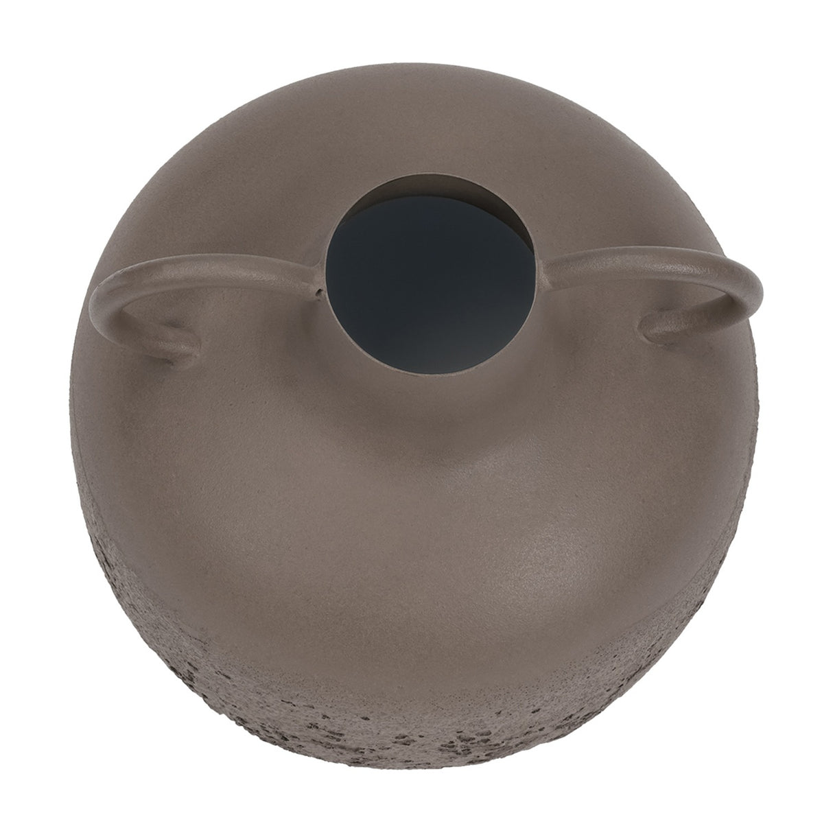 Top-down view of the Libra Interiors Textured Two-Tone Iron Handled Vase in brown, showing the round opening, looped handles and matt finish.